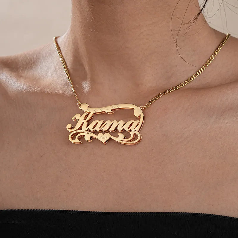 Double-layer wave heart necklace with engraved text in gold or silver stainless steel