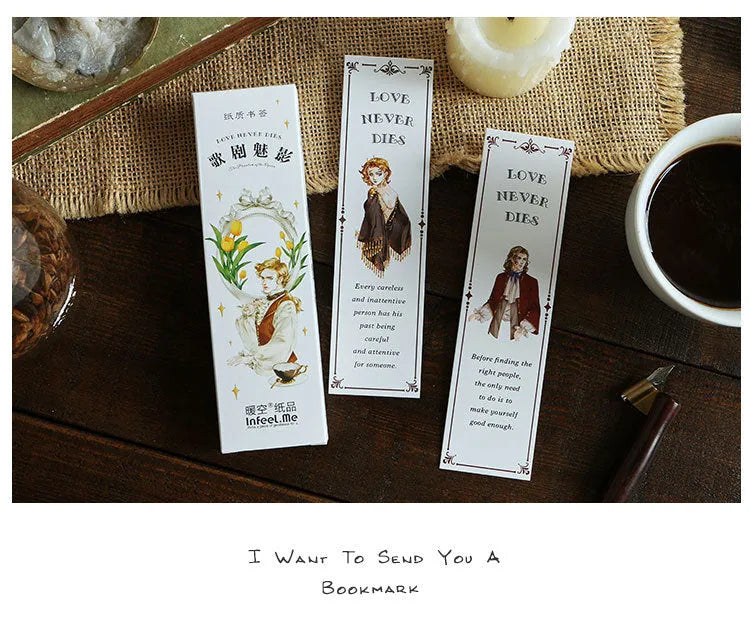Pack of 30 thick cardboard bookmarks with various designs including Phantom of the Opera, each 40mm by 150mm.