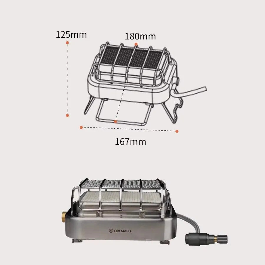 Outdoor heating stove with voltage regulator showing metal construction and compact folded design