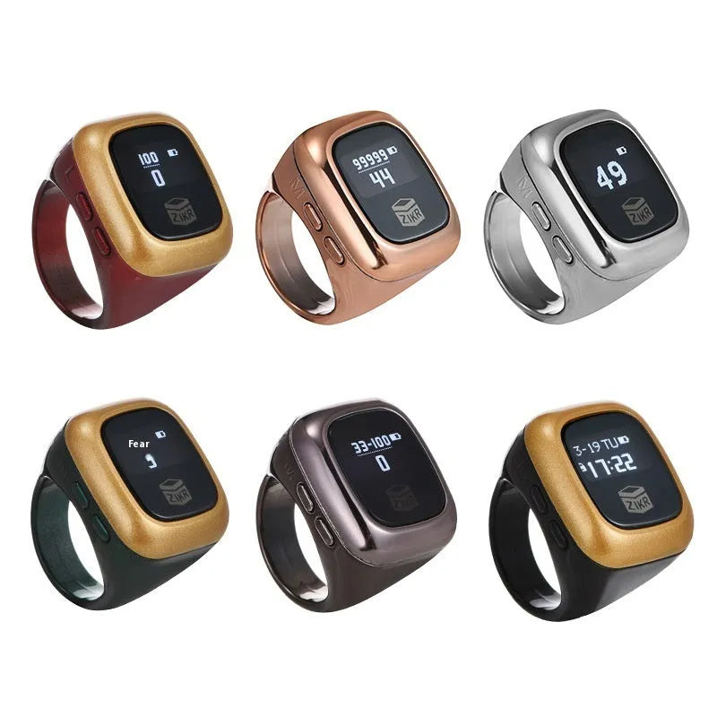 Al-fatiha electronic counter display with black casing shown next to rose gold and silver versions.