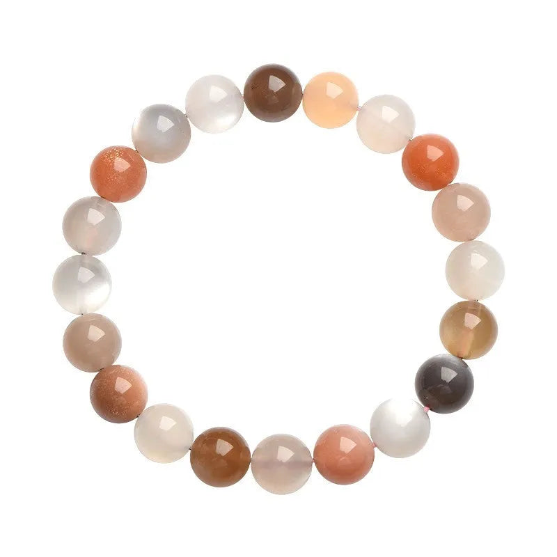 Natural colourful moonlight moonstone bracelet with 8mm beads on a white background.