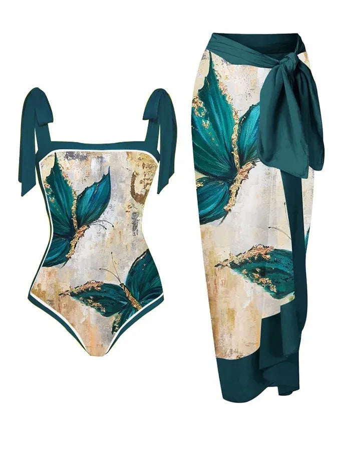 Women's printed floral chiffon swimsuit two-piece set with matching hip skirt