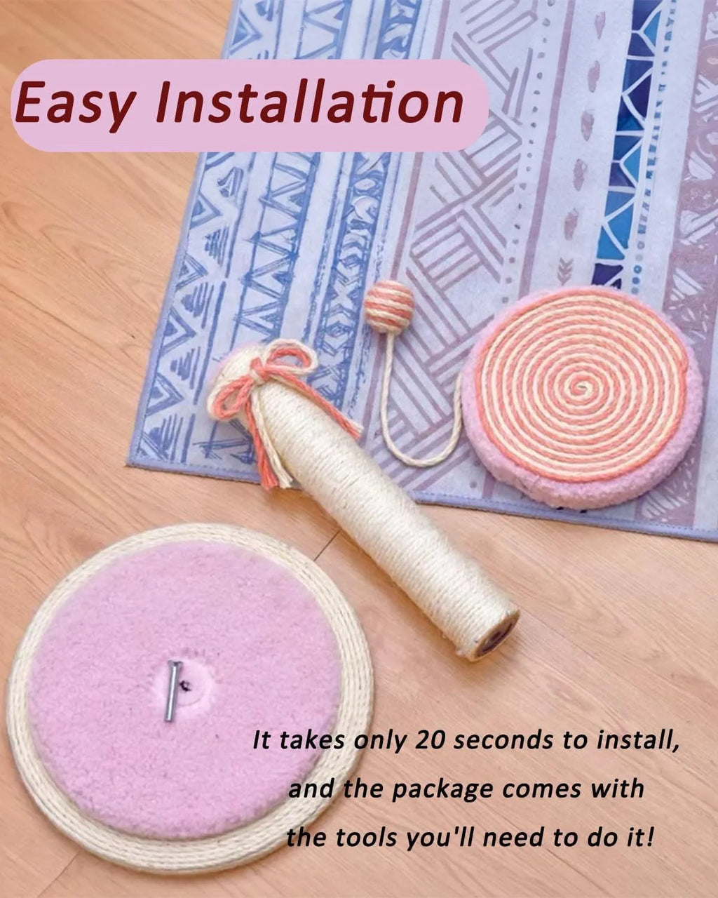 Cat scratching post with hanging ball toy in natural sisal rope on wooden base