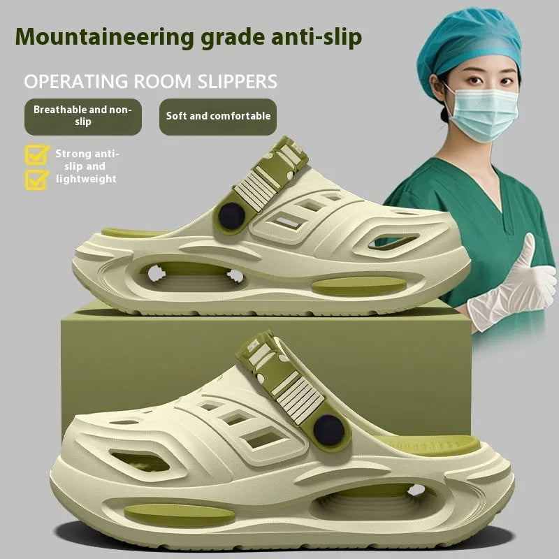 Men's summer outdoor EVA hole slippers in black with non-slip injection-moulded sole and closed toe cap