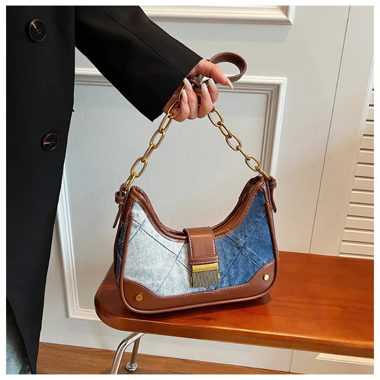 Brown denim women's shoulder bag with diamond chain detail and bucket shape