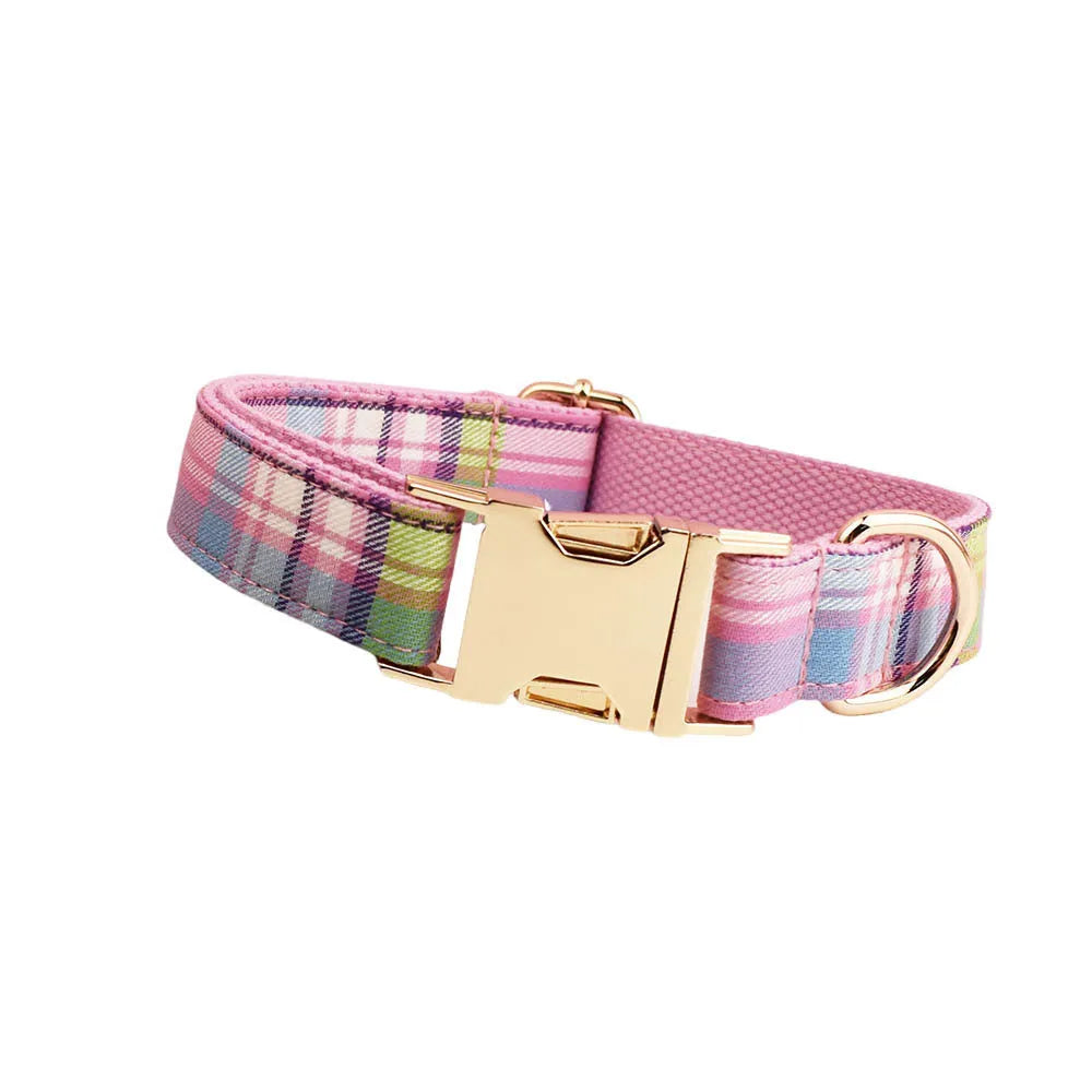 Complete four-piece dog collar and lead set with matching bow and vest in cloth material