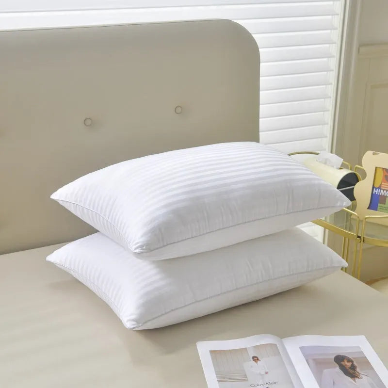 White cotton satin stripe pillow with feather cotton core showing size and loft options
