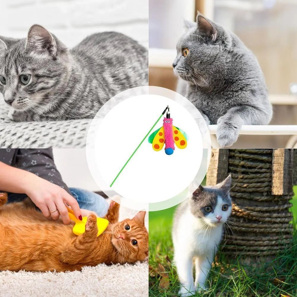 Cat wand toy with dragonfly attachment and bell on 49cm ABS plastic stick