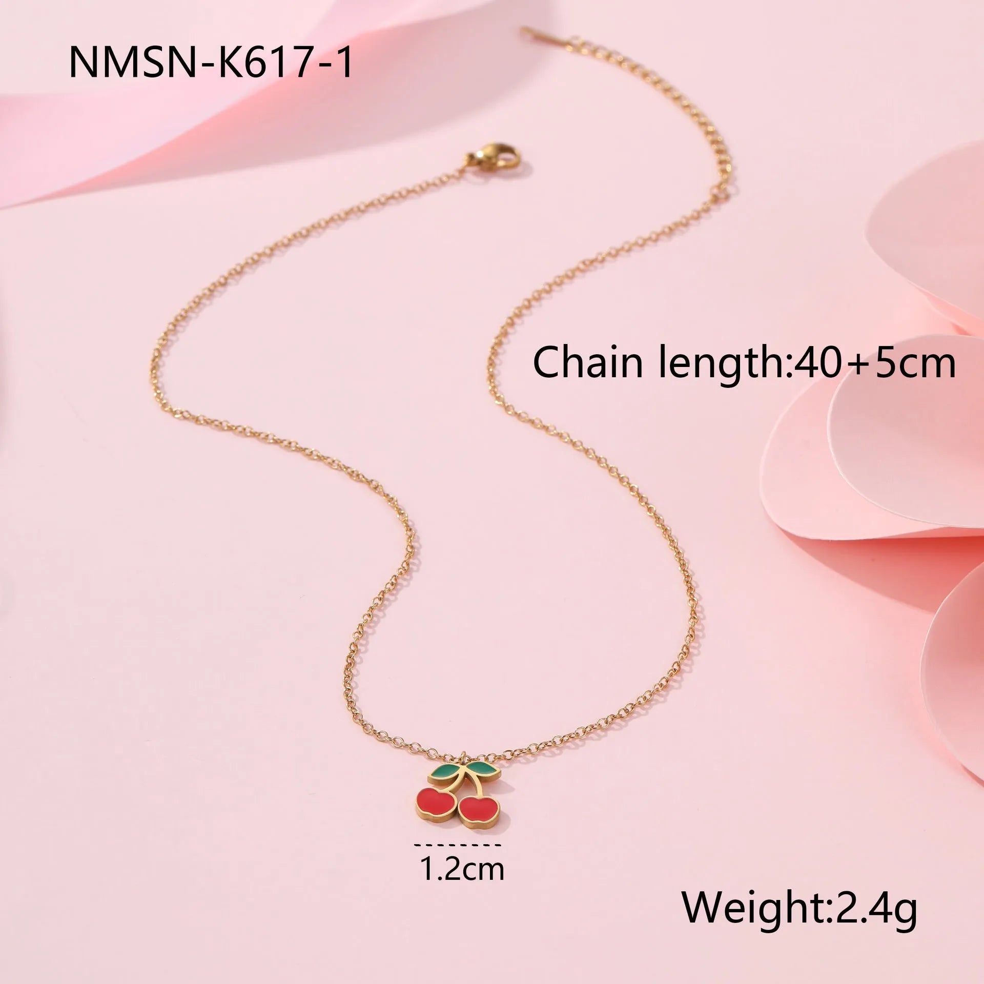 Complete cherry jewelry set with stainless steel necklace, bracelet, earrings, and ring with 18K gold electroplating.