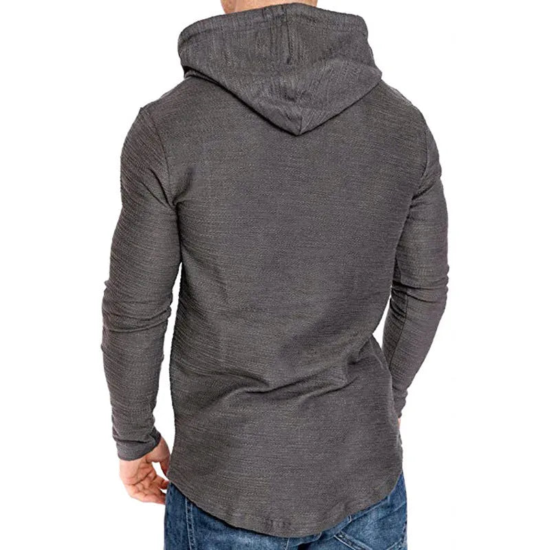 Men's slim fit hoodie in black, cotton blend, long sleeve pullover with hood, casual gym top.