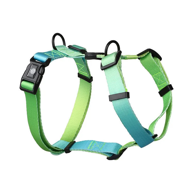 Gradient colour pet chest strap harness in nature patterns with adjustable sizing