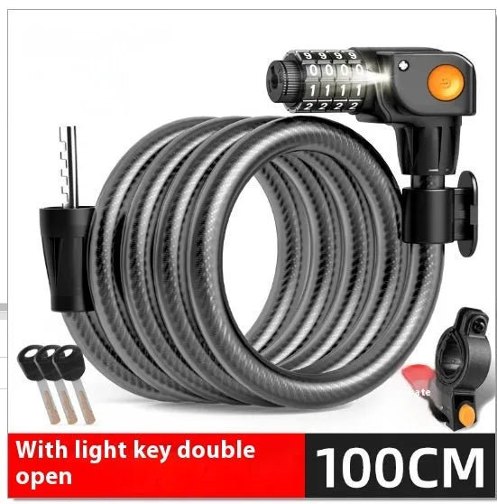 Black and orange 100cm steel cable password bicycle lock with double open mechanism