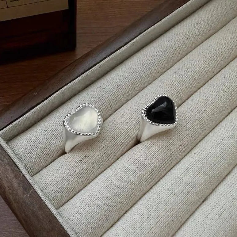 Open mouth adjustable sterling silver ring with black agate electroplated finish and heart design
