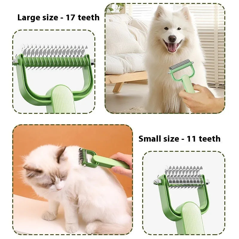 Green and grey dog unknotting combs in large and small sizes with stainless steel teeth.