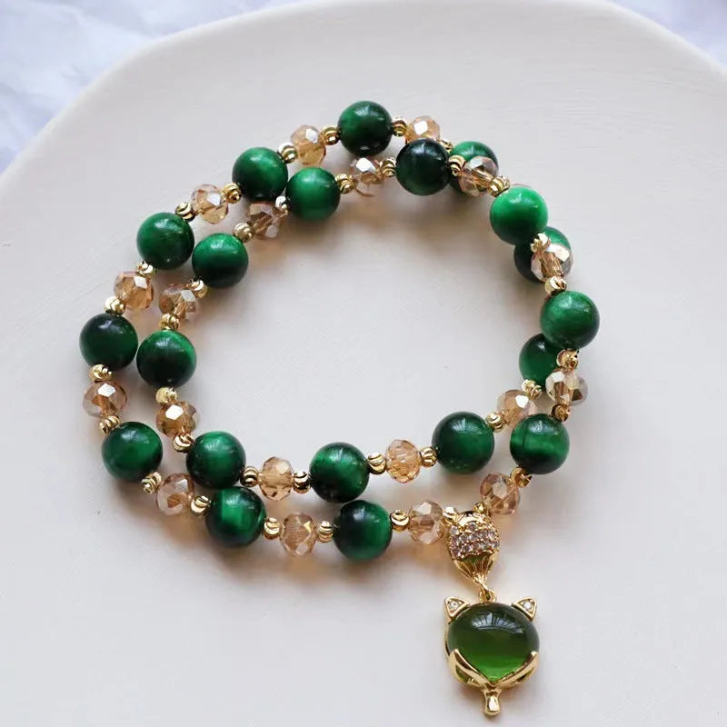 Natural Tigereye stone crystal bracelet with single or double chain in rose red or green with Fox or Pixiu motifs