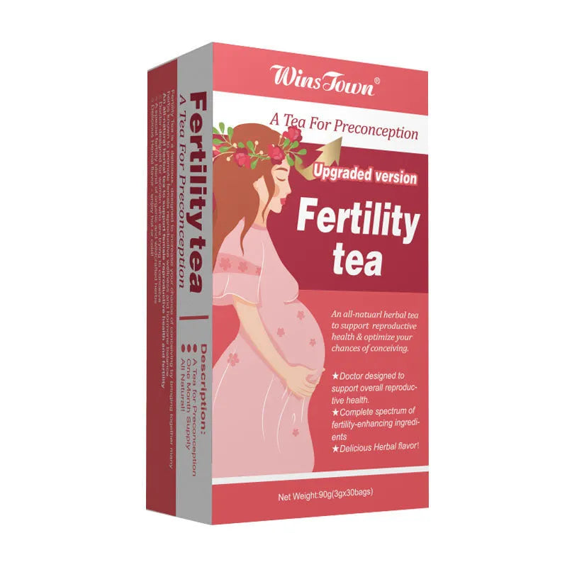 Box of fertility tea containing 3 packs with 30 tea bags each, totalling 330 bags