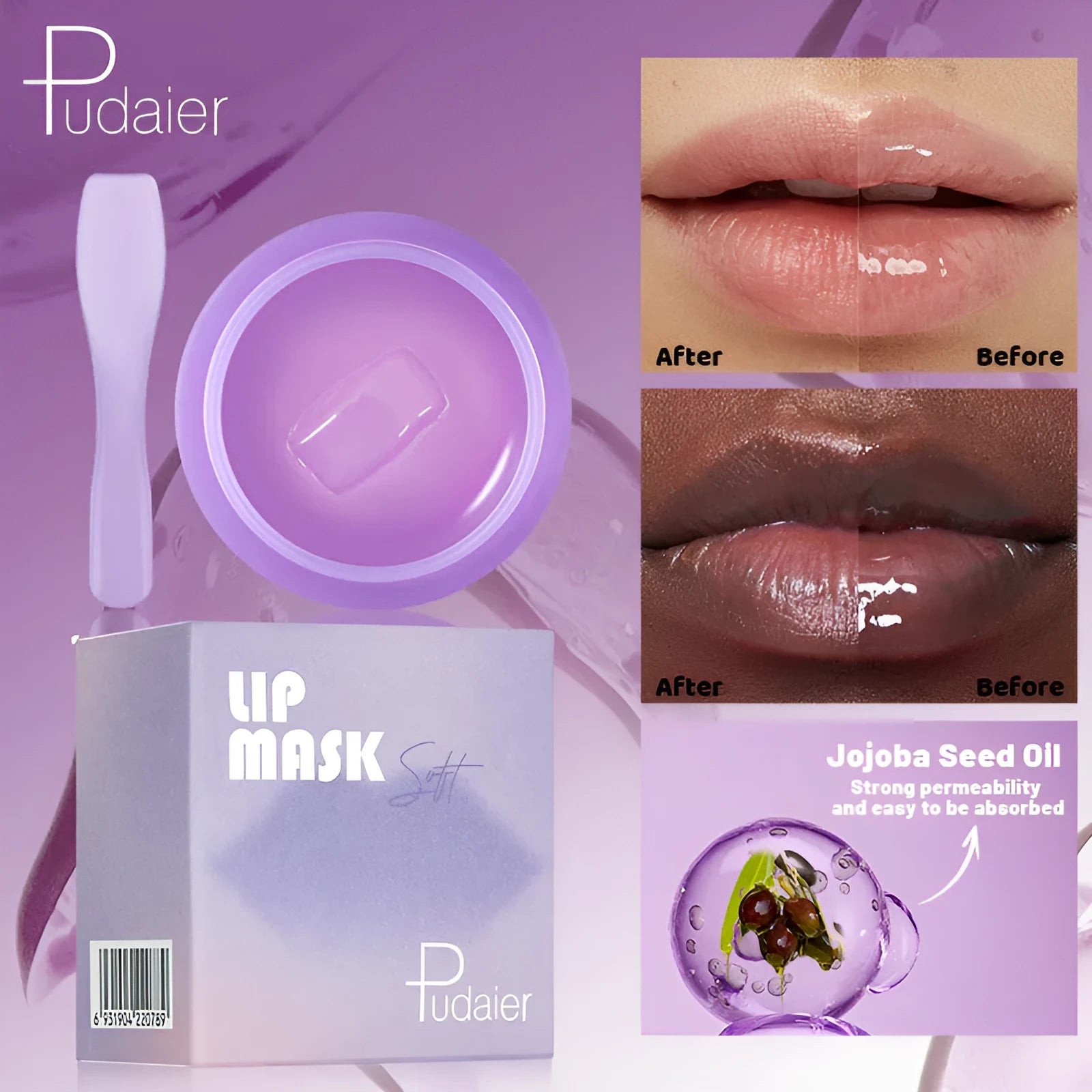 Box containing a 10ml exfoliating lip balm and a lip scraper tool for dry lip treatment.