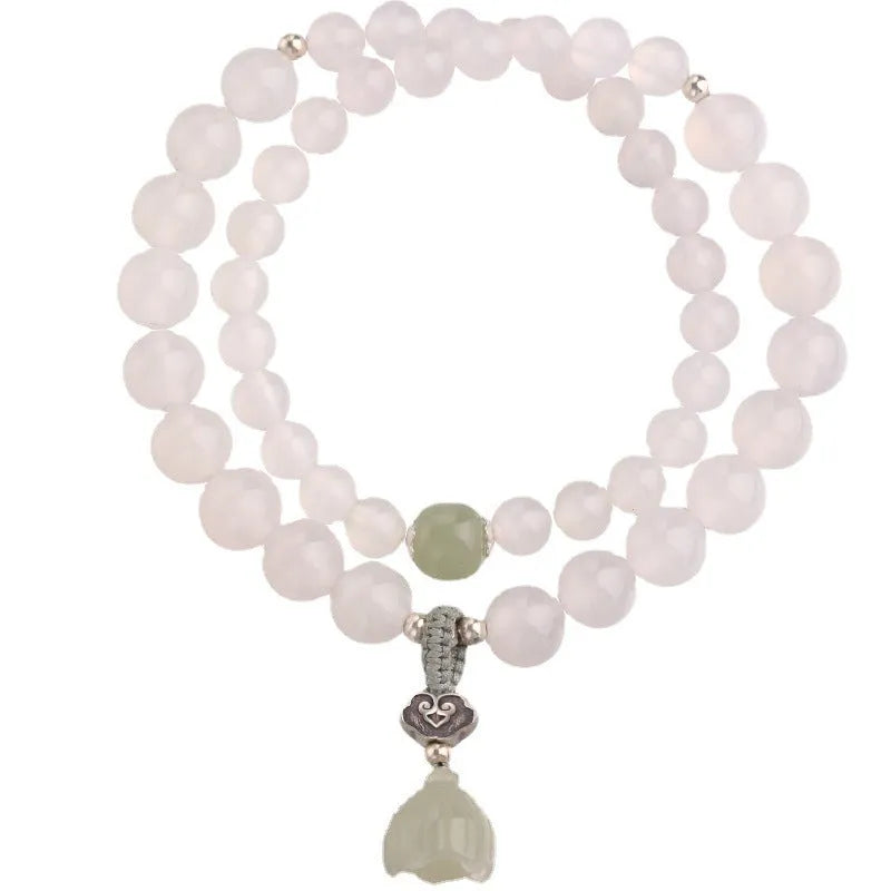 S925 silver and white agate Hetian jade lotus bracelet with geometric national style design