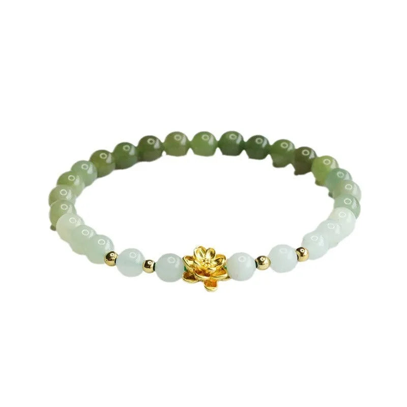 Hand-woven Chinese jade bracelet with water-gradient colour pattern and flower design