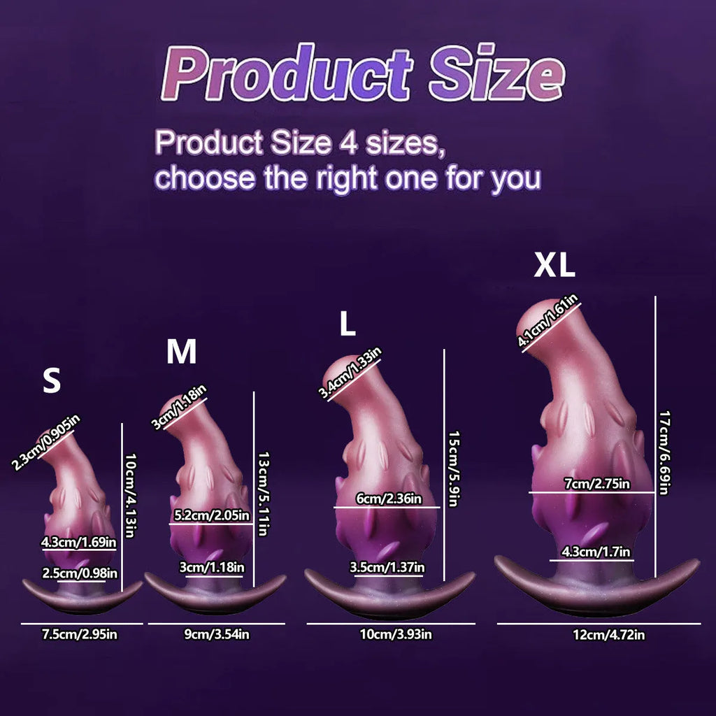 Unisex adult silicone masturbator toy in purple, gold or black, showing size options S, M, L, XL.