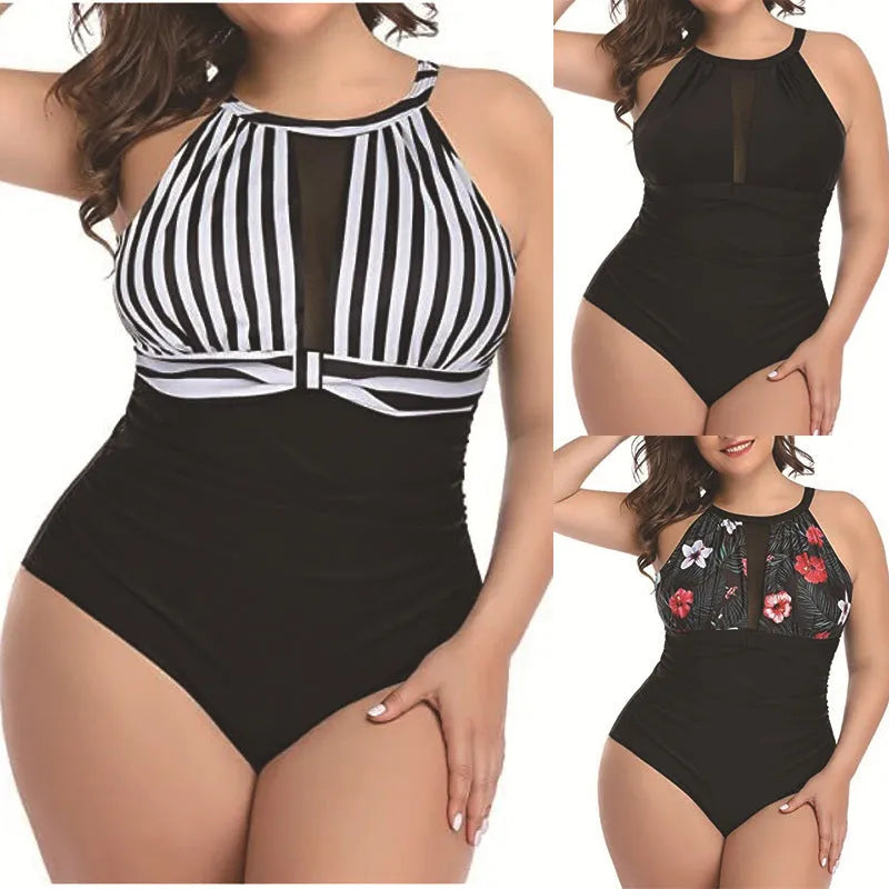 Women's black lace one-piece swimsuit with European and American sizing on mannequin