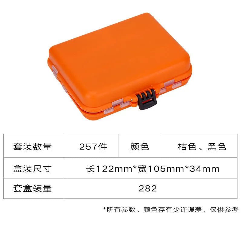 Weihe orange and black boxes containing 257 pieces of fishing lure hooks and accessories