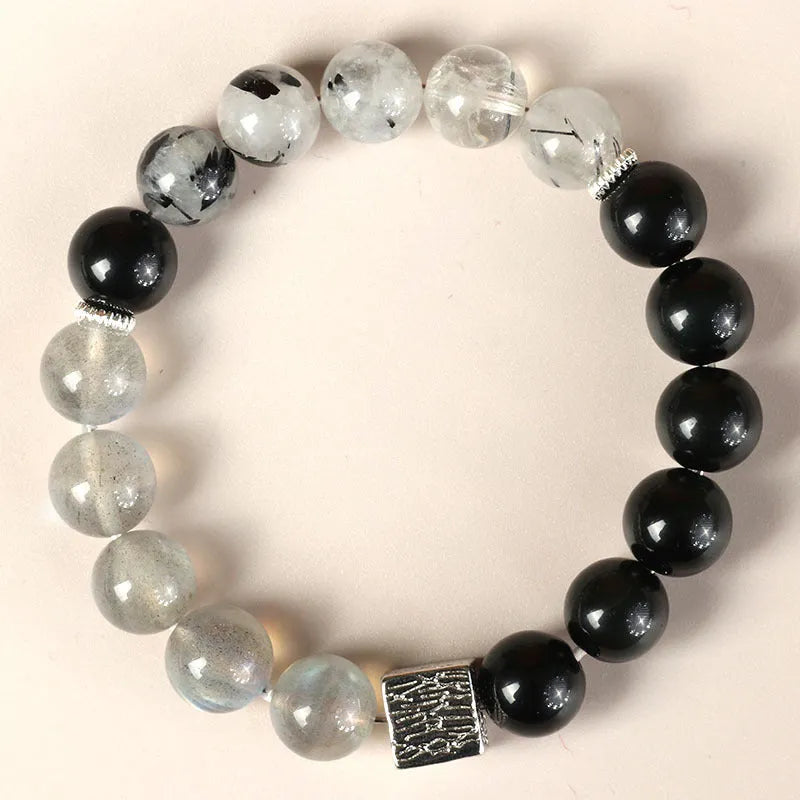 Chinese style geometric crystal couple bracelet with 10mm khaki beads