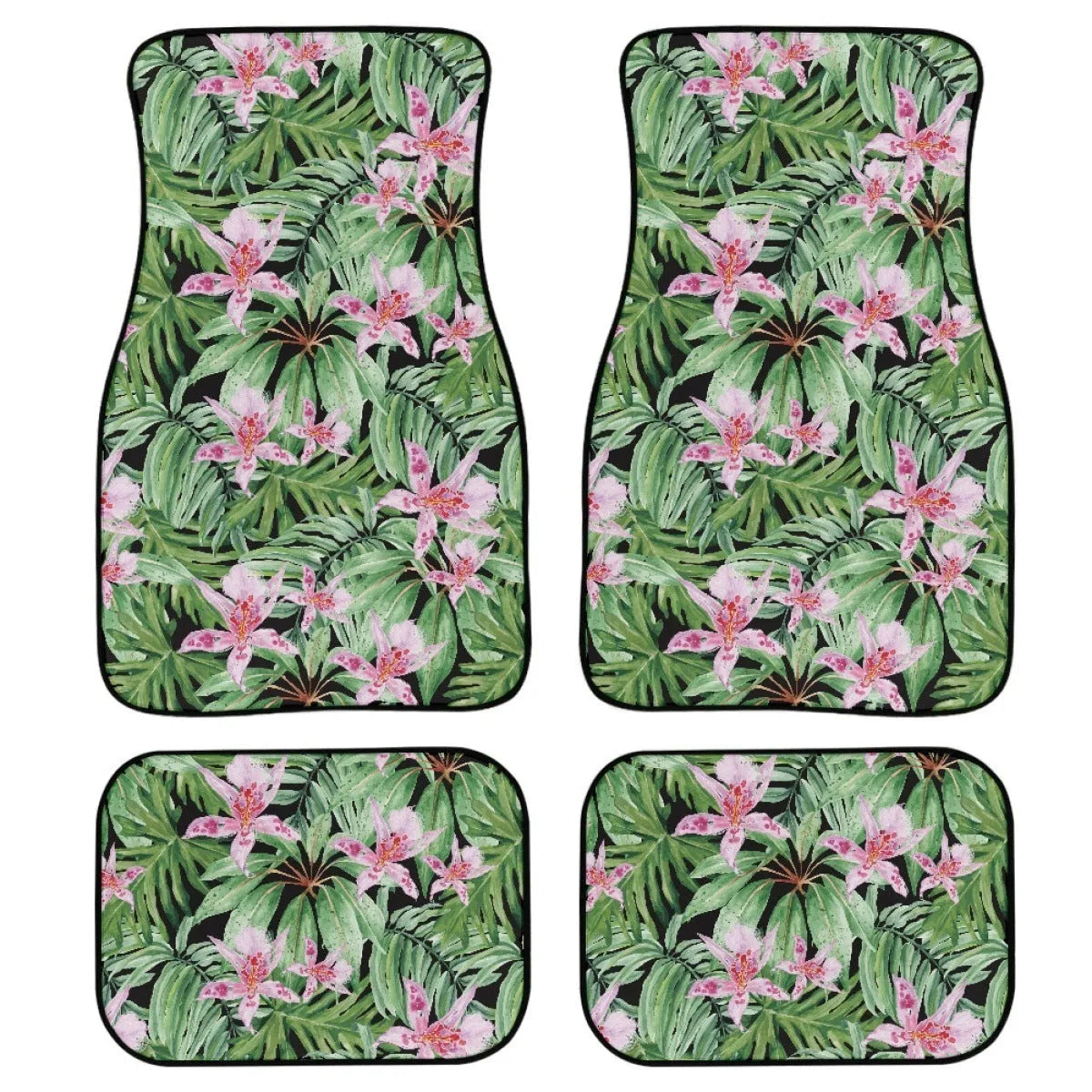 Set of four black rubber car floor mats with a textured surface and raised edges, shown in a vehicle footwell.