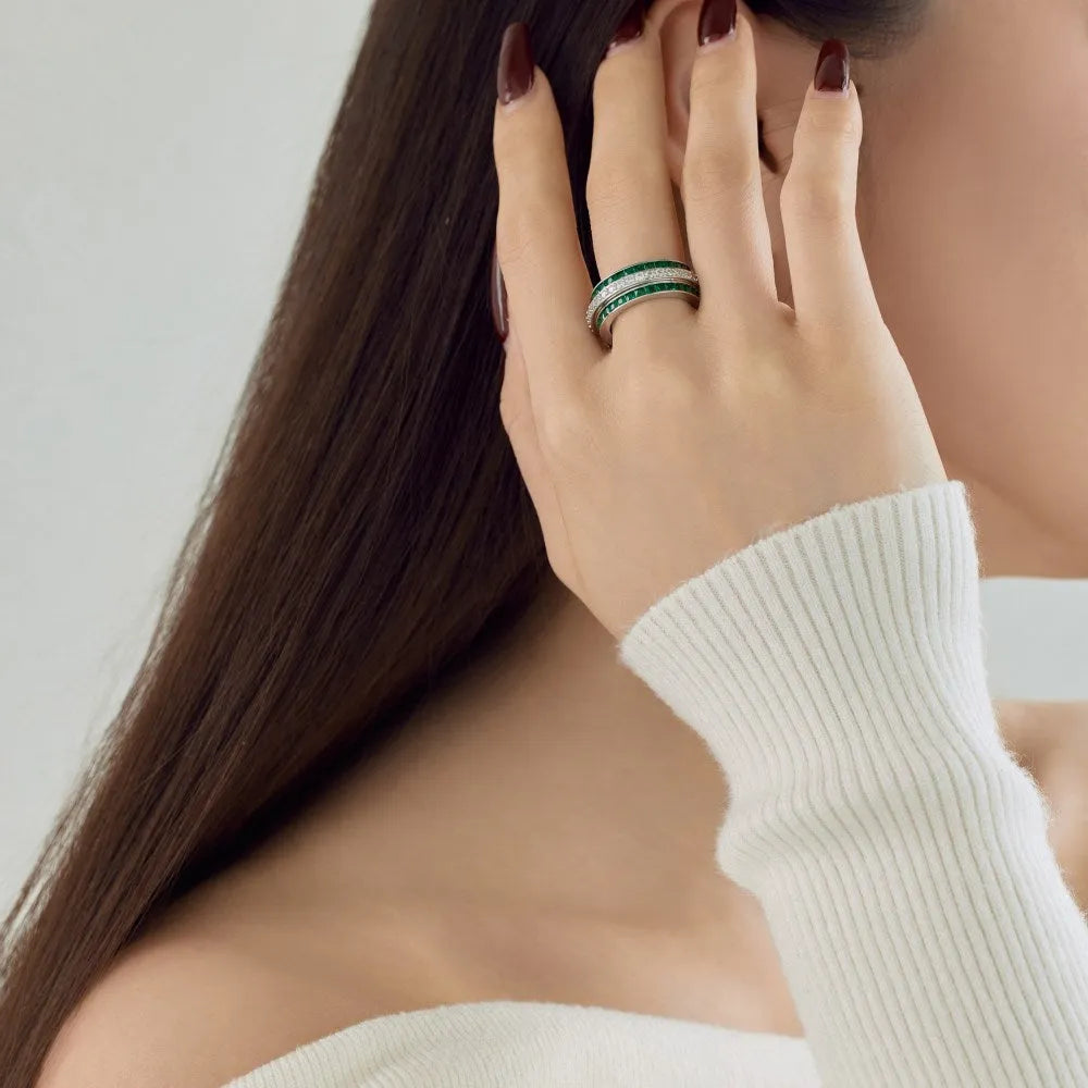 S925 sterling silver rotating diamond inlay ring for women, geometric style, available in blue, green, pink, sizes No 6-9