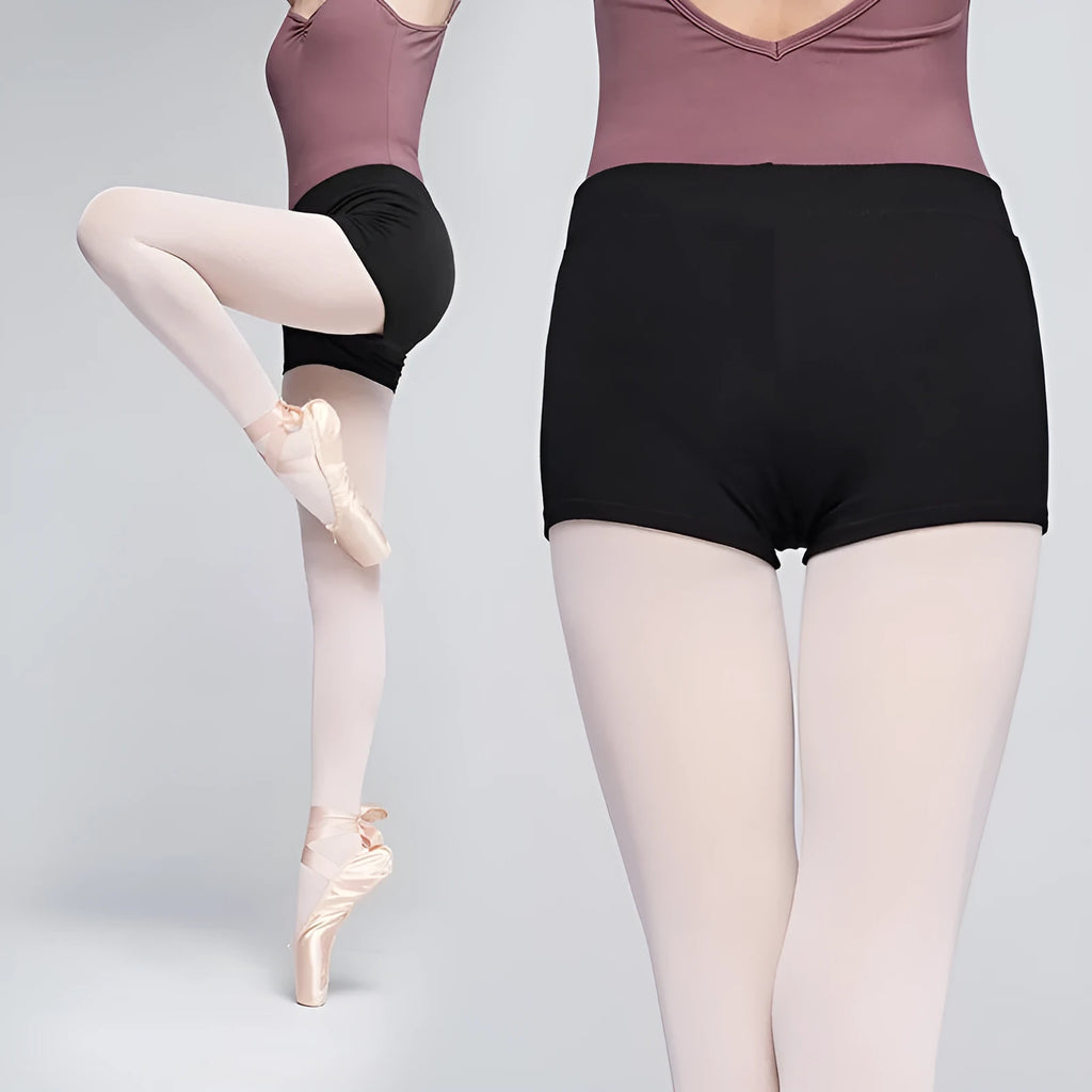 Black cotton dance shorts for women, shown as ballet practice clothing.