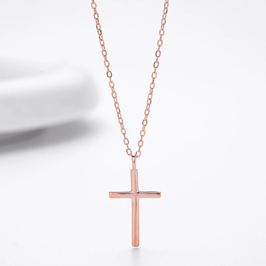 S925 sterling silver necklace with glossy cross pendant on adjustable O-shaped clavicle chain