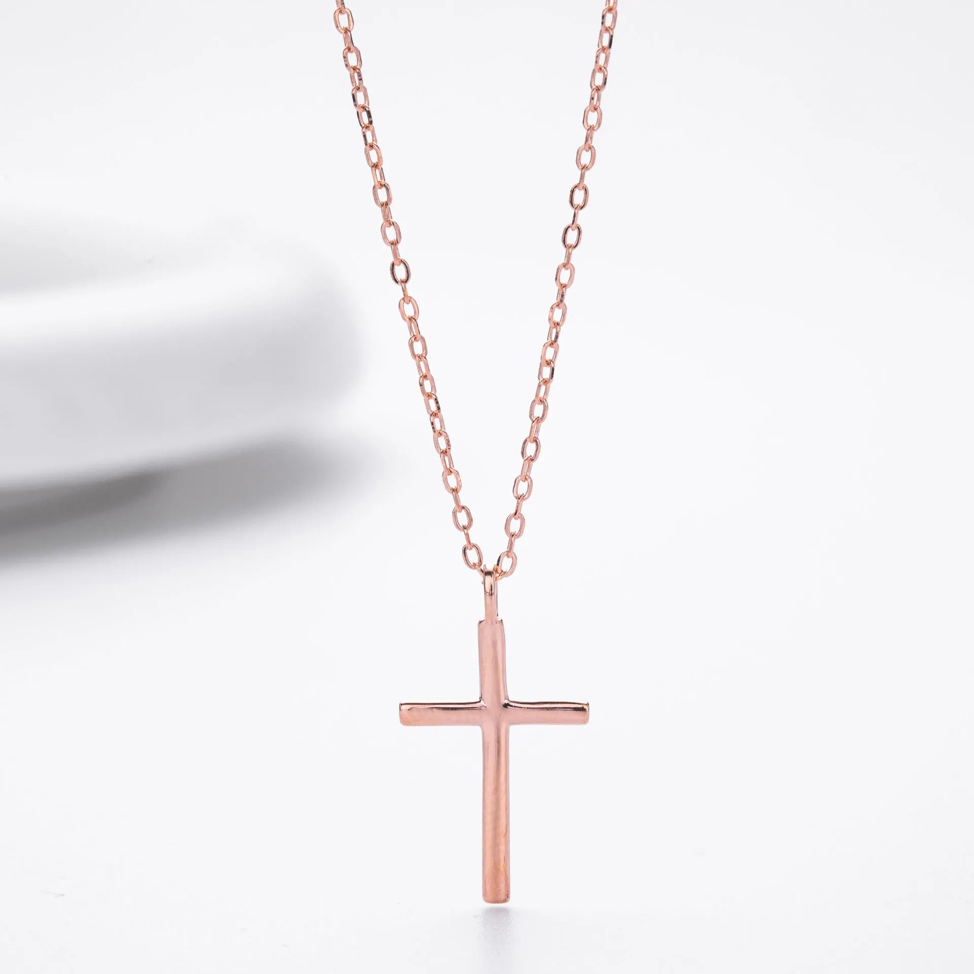 S925 sterling silver necklace with glossy cross pendant on adjustable O-shaped clavicle chain