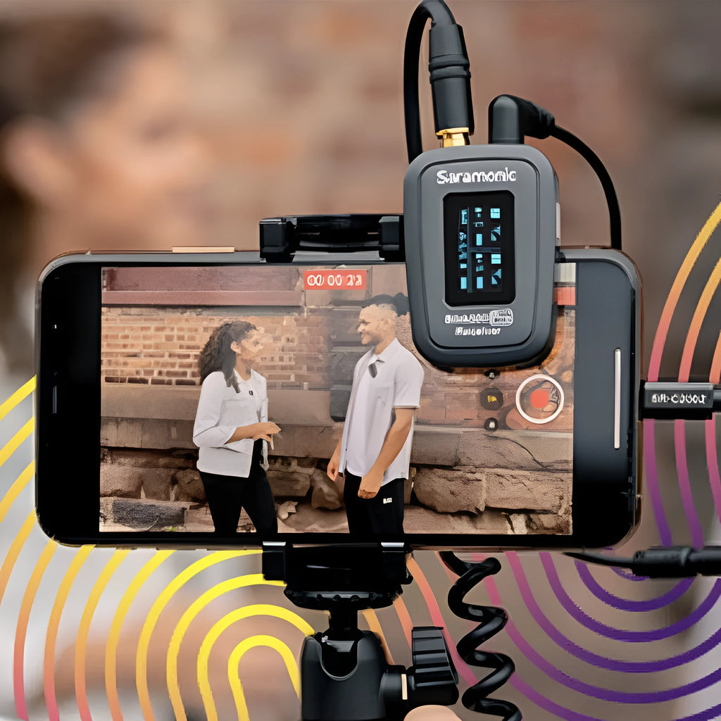 2.4GHz wireless lapel microphone with clip and OLED display shown alongside lavalier microphone