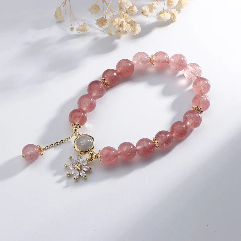 Korean style strawberry quartz crystal bracelet with electroplated floral decorations in Mori aesthetic design