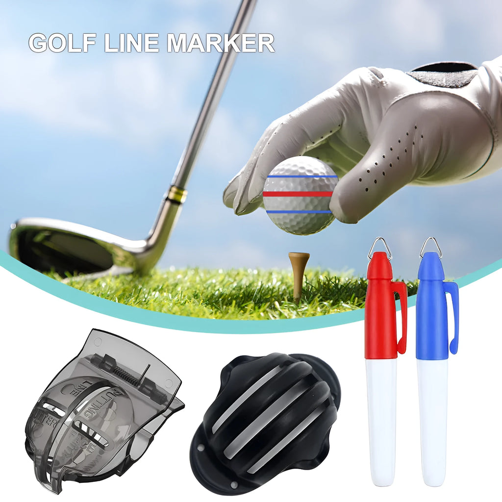 Golf ball line drawing kit with two plastic alignment tools and two mini permanent markers in red and blue