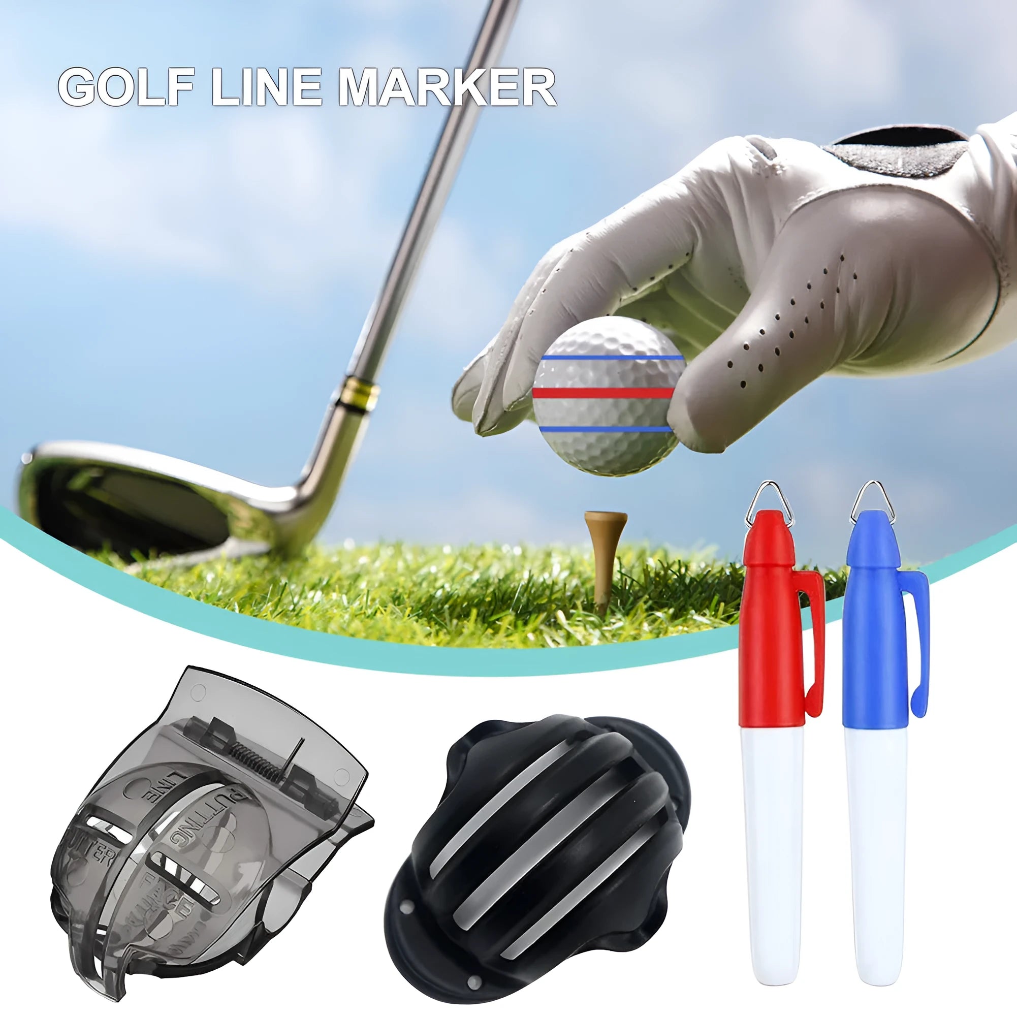 Golf ball line drawing kit with two plastic alignment tools and two mini permanent markers in red and blue