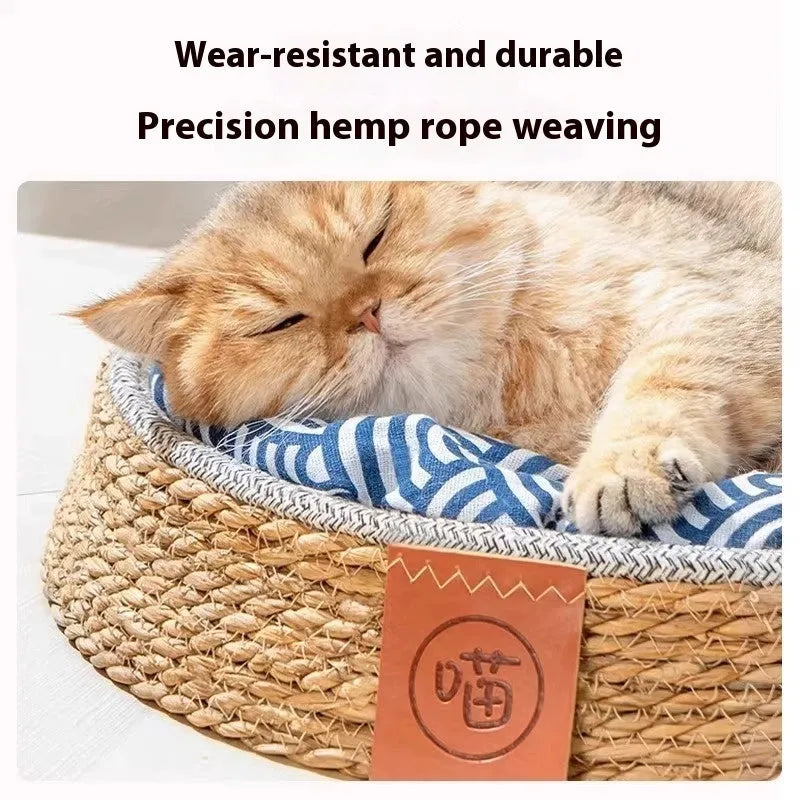 Natural woven rattan cat nest bed in four sizes: S, M, L, and XL.