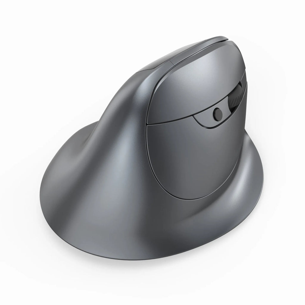 Grey Bluetooth self-charging vertical mouse with dual-mode grip design for laptop use