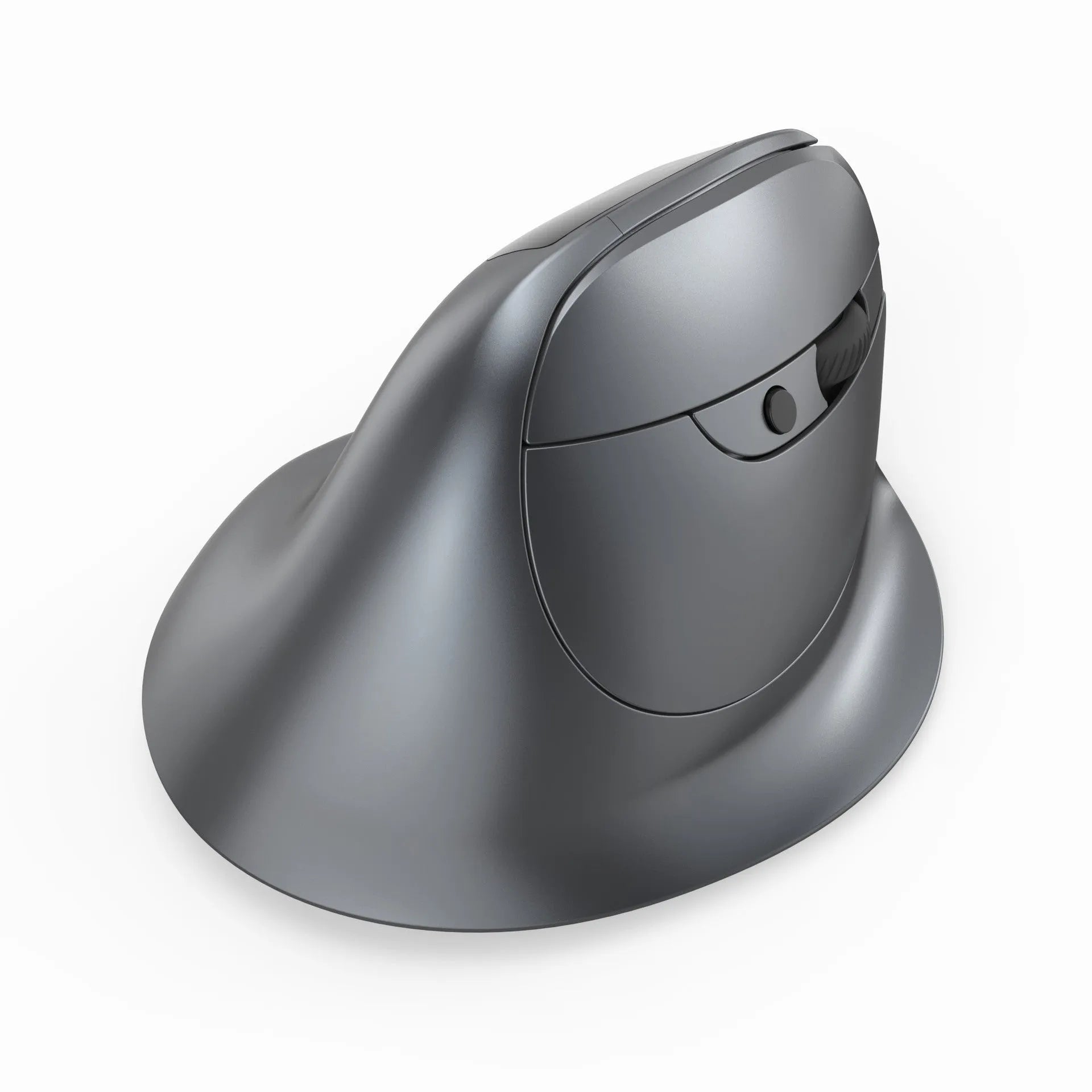 Grey Bluetooth self-charging vertical mouse with dual-mode grip design for laptop use