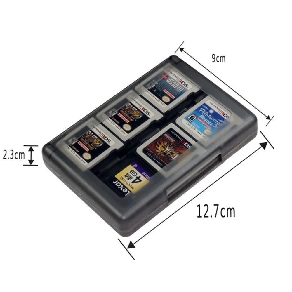 Black NDS 3DS 28-game card storage box made of PP plastic, showing its size and card slots.