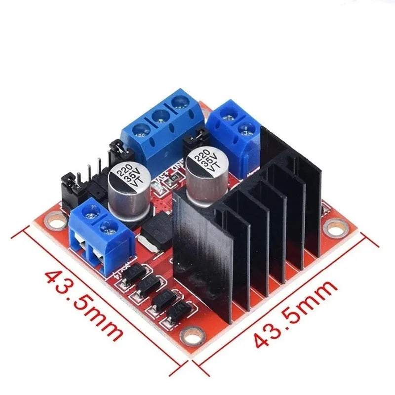 L298N motor driver module measuring 43mm square for DC and stepper motor control