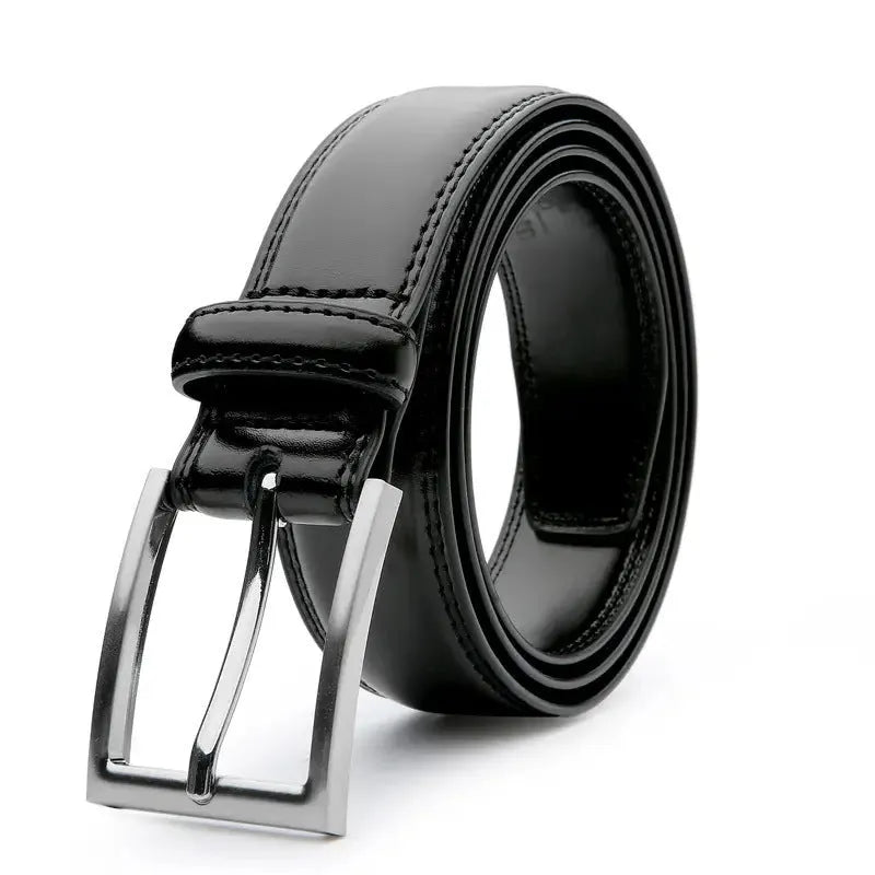Men's brown genuine leather belt with 95-grain texture and a silver alloy buckle.