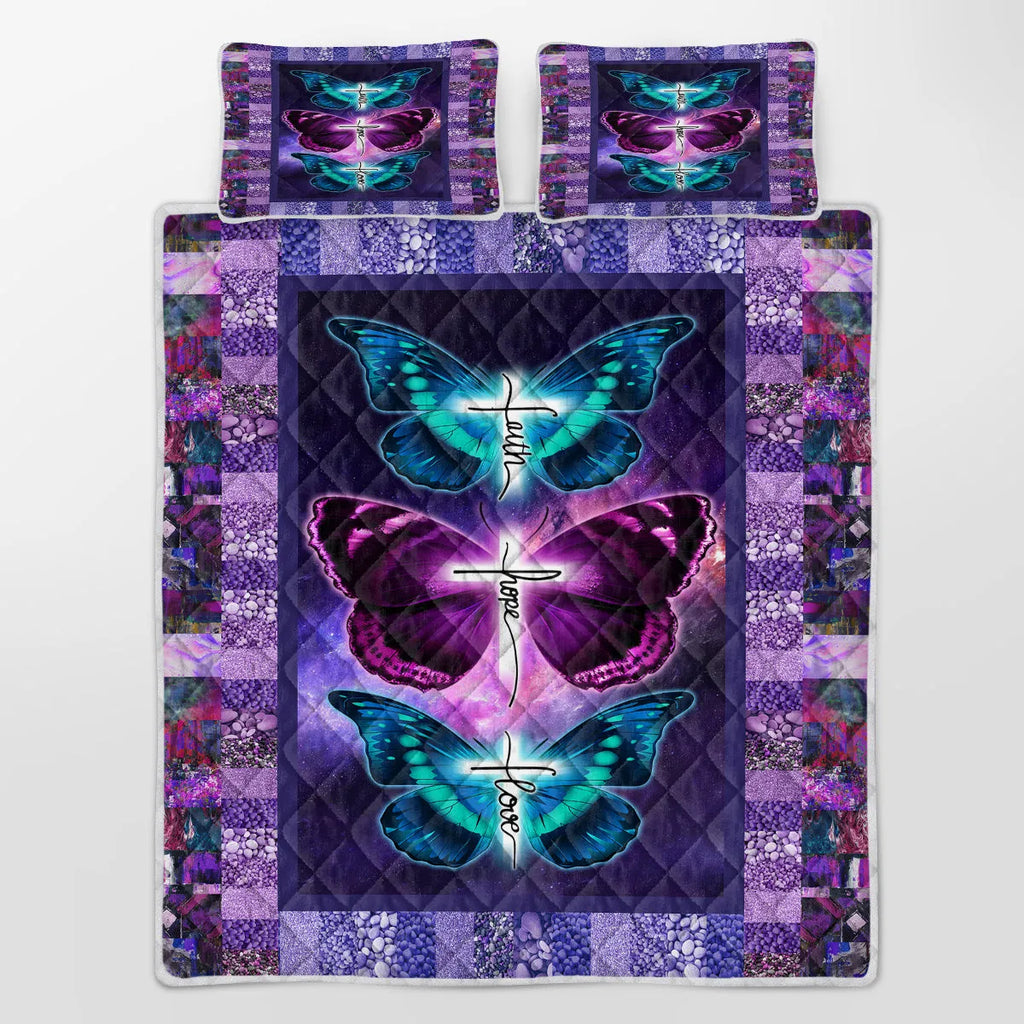 Purple butterfly pet themed microfiber polyester quilt set with matching pillowcases on bed
