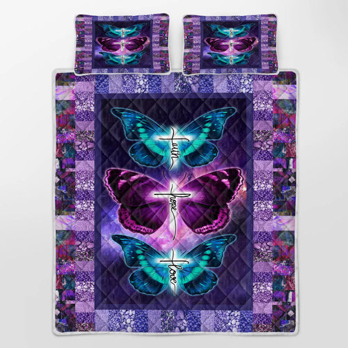 Purple butterfly pet themed microfiber polyester quilt set with matching pillowcases on bed
