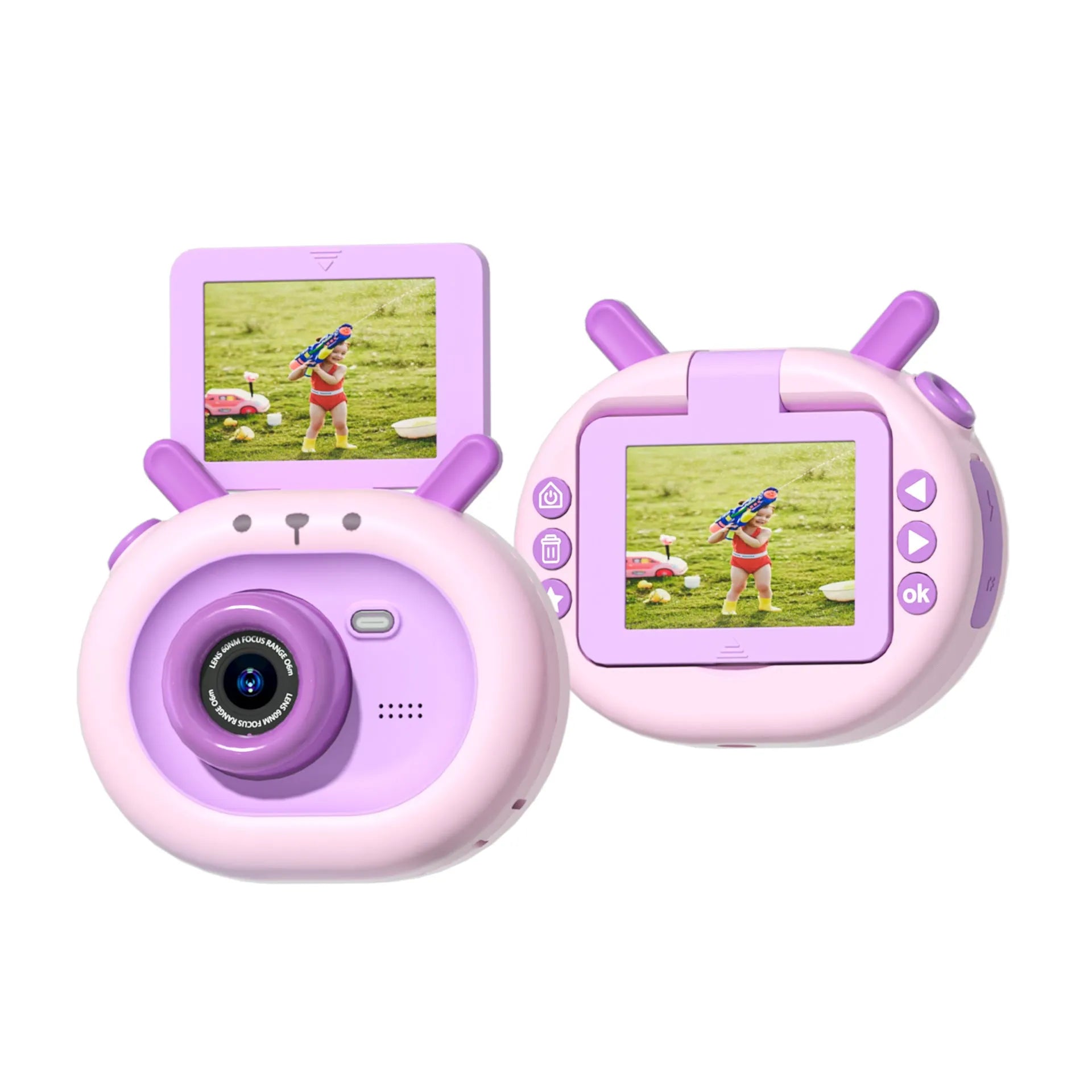 Dark green children's digital camera with flip screen, silicone case, and lanyard on a cartoon map.