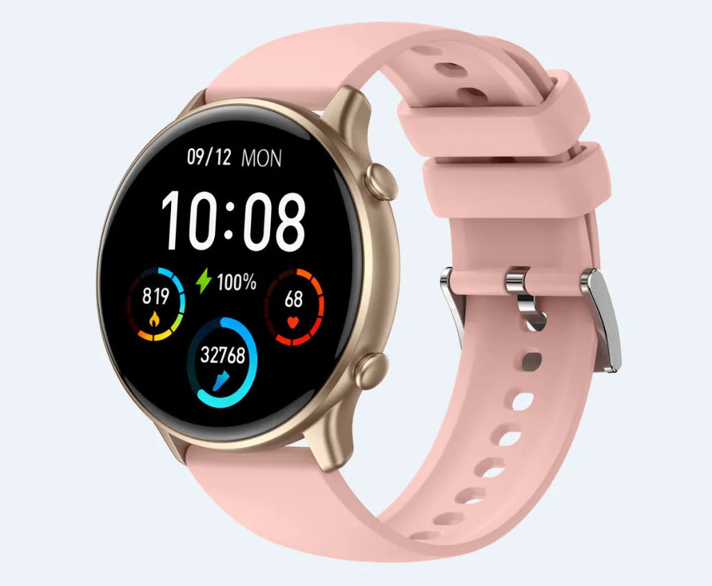 Round touch screen smart sports watch with silicone strap showing heart rate and sleep tracking display