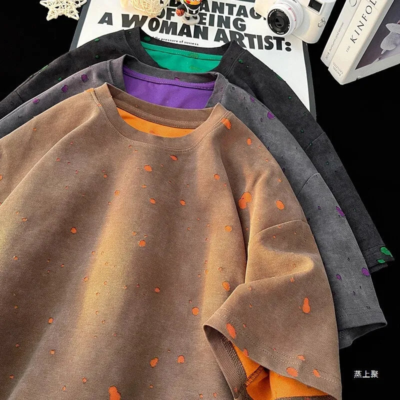 Men's ripped loose fit short sleeve t-shirt in khaki, dark green, and black and grey colours