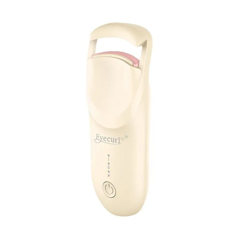 Electric USB-rechargeable eyelash curler in cream white, pink, and apricot colour options.