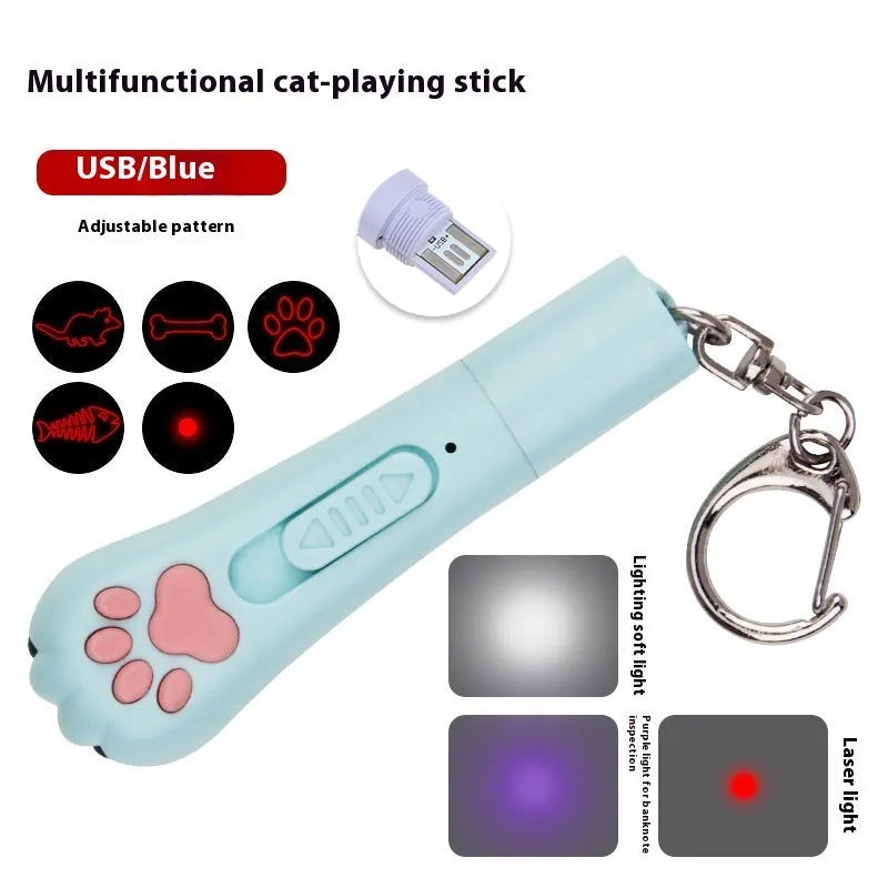 Handheld infrared cat laser toy projecting purple light patterns with colour options of blue, pink, purple, or white