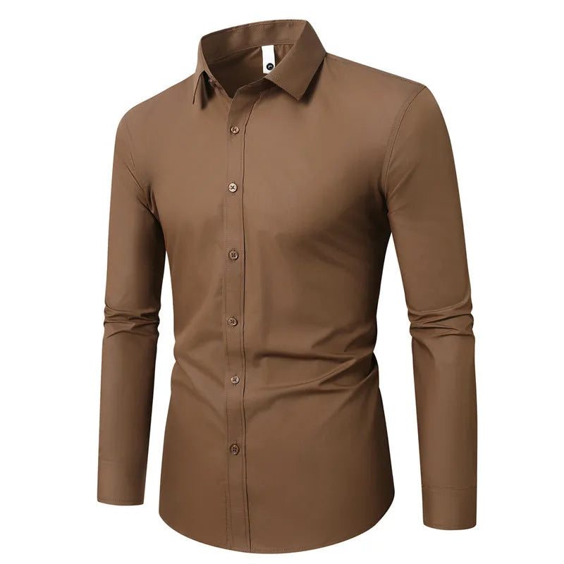 Loose fit long sleeve linen shirt on a hanger, shown in a light colour.